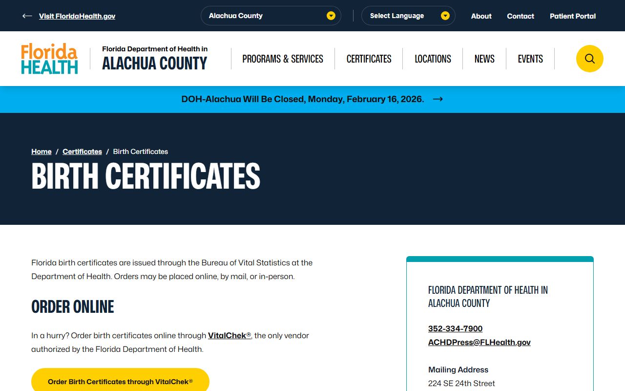 Alachua County Health Department birth certificates information page