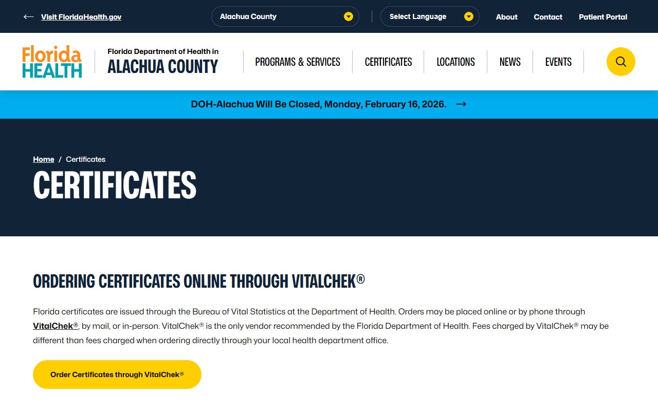 Alachua County Health Department certificates and vital records portal