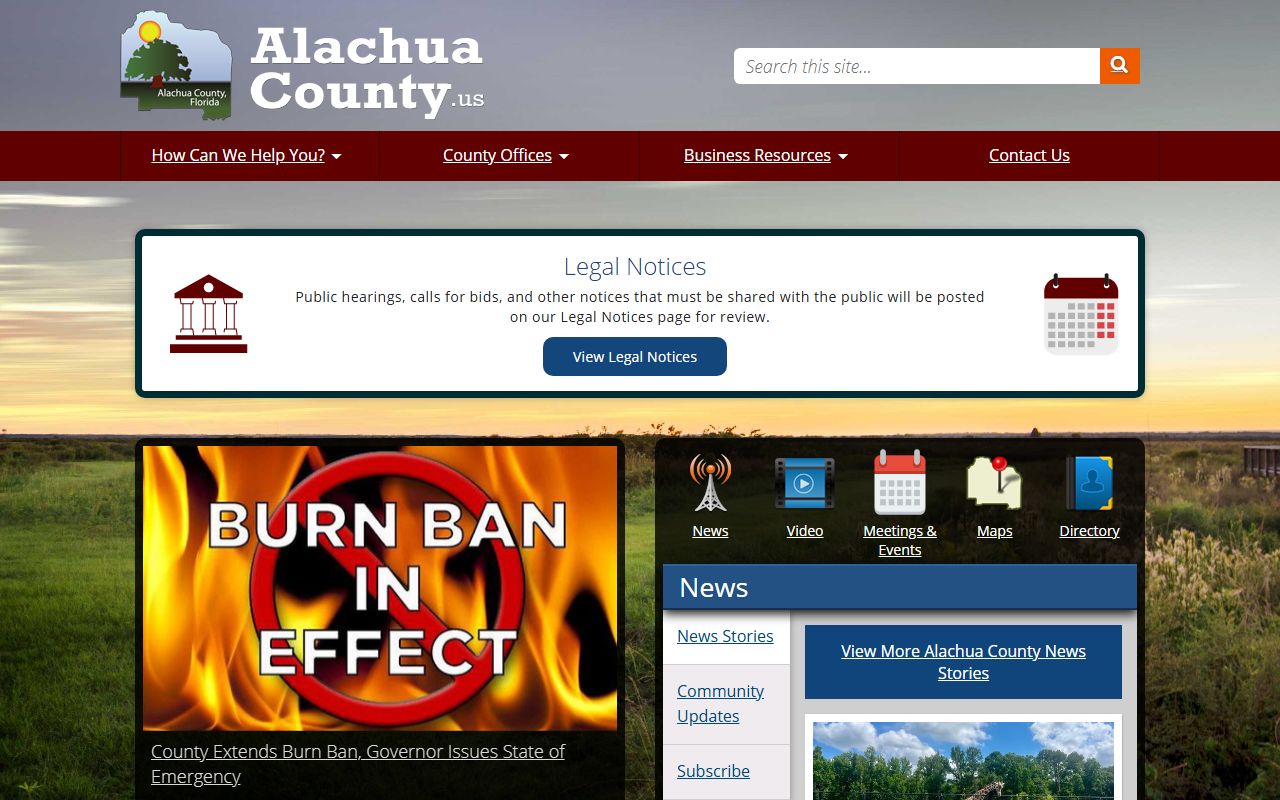 Alachua County government website with links to birth records services