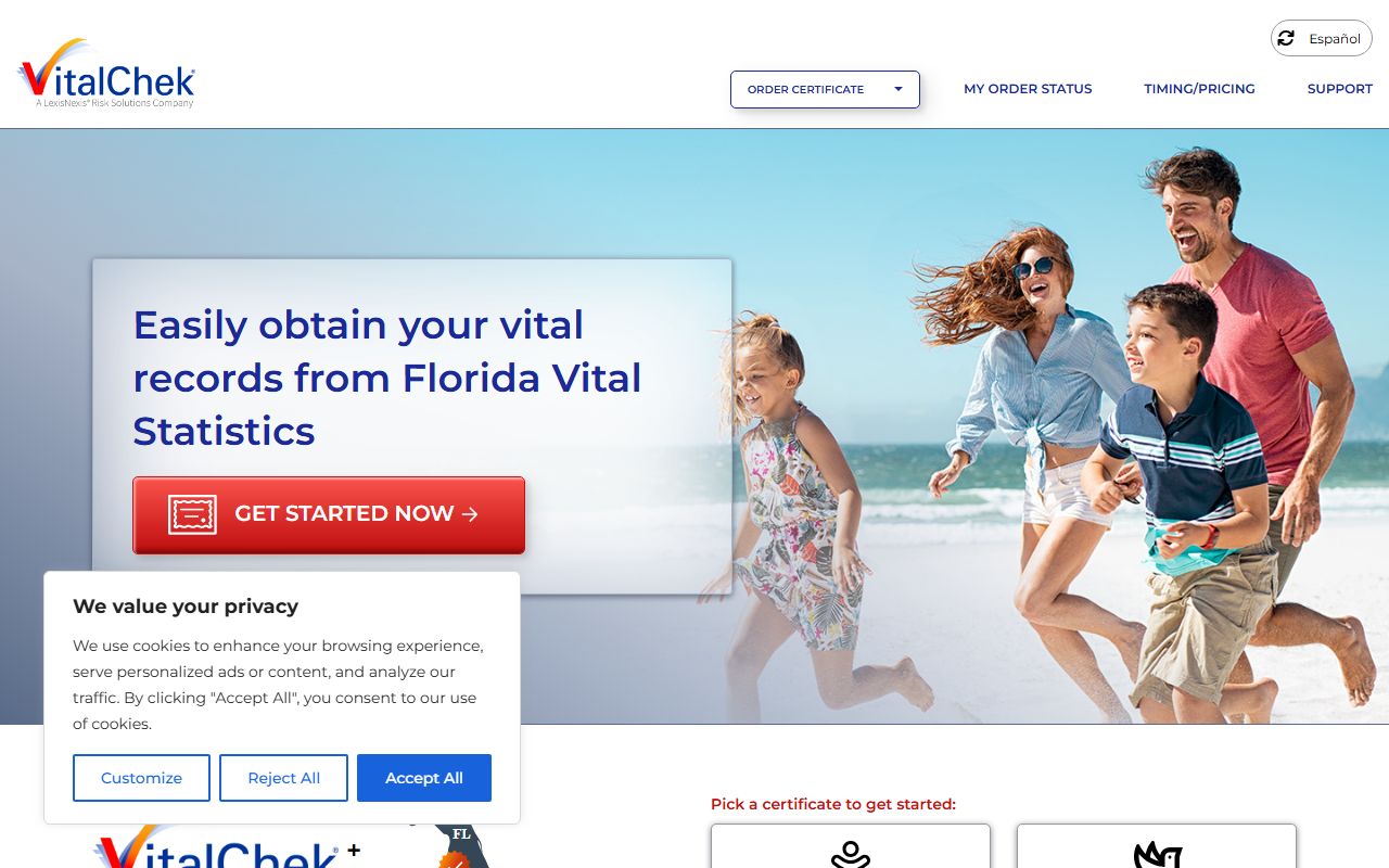 VitalChek online ordering portal for Alachua County birth records