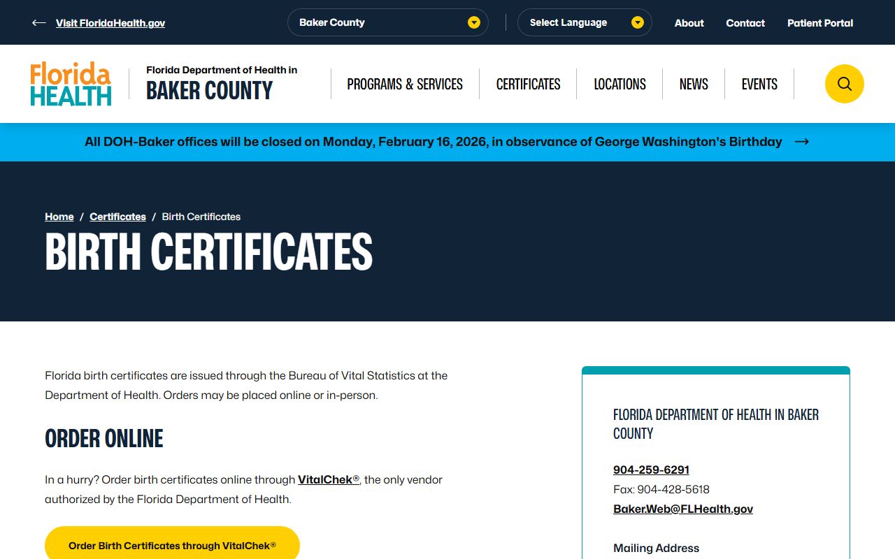 Baker County Health Department birth certificates information page