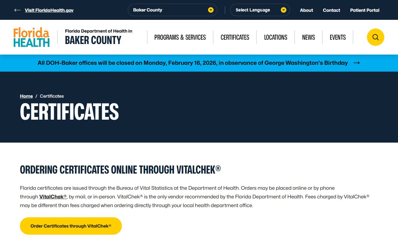 Baker County Health Department certificates and vital records portal