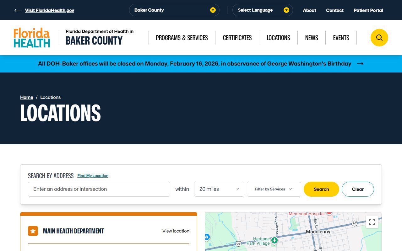 Baker County Health Department office locations for birth records