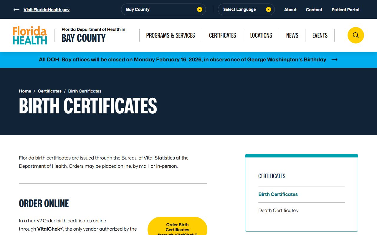 Bay County Health Department birth certificates information page