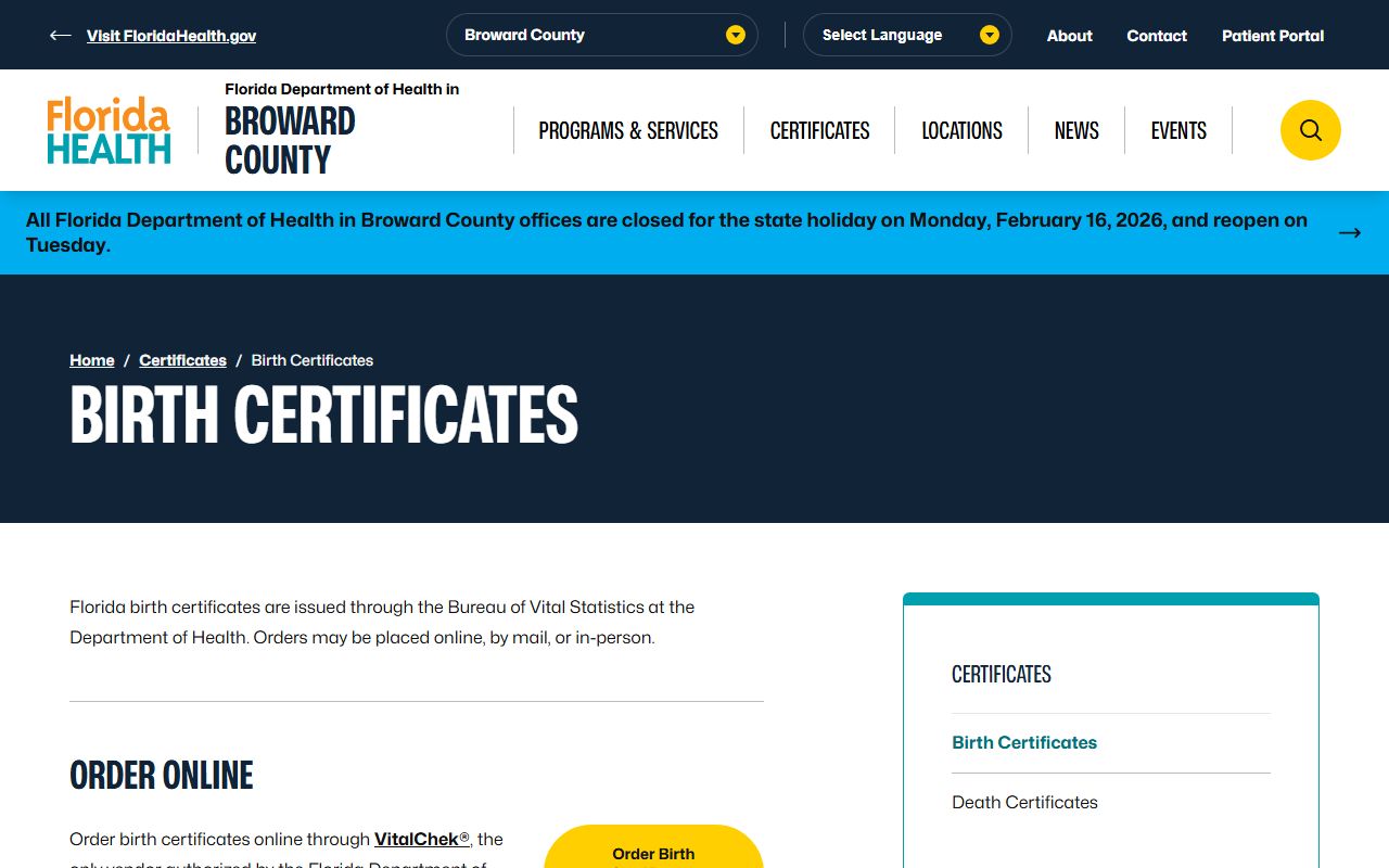 Broward County Health Department birth certificates information page