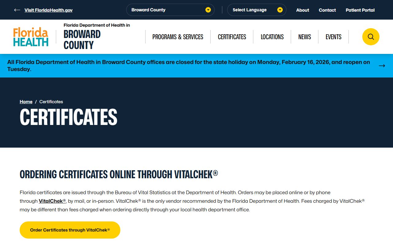 Broward County Health Department certificates portal for birth records