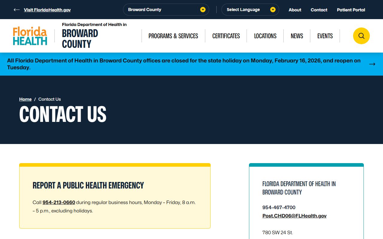 Broward County Health Department contact information for birth records