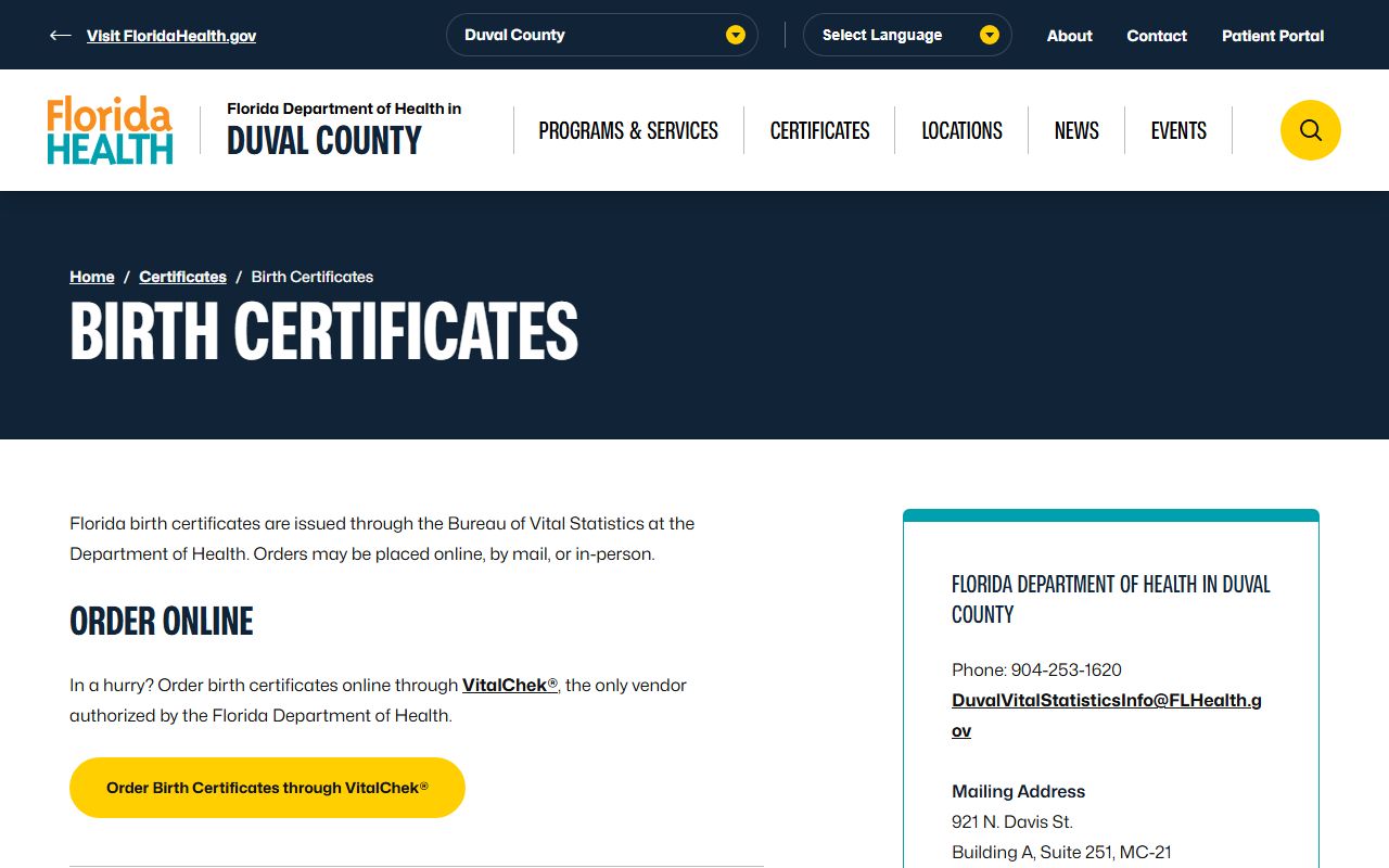 Duval County Health Department birth certificates information page