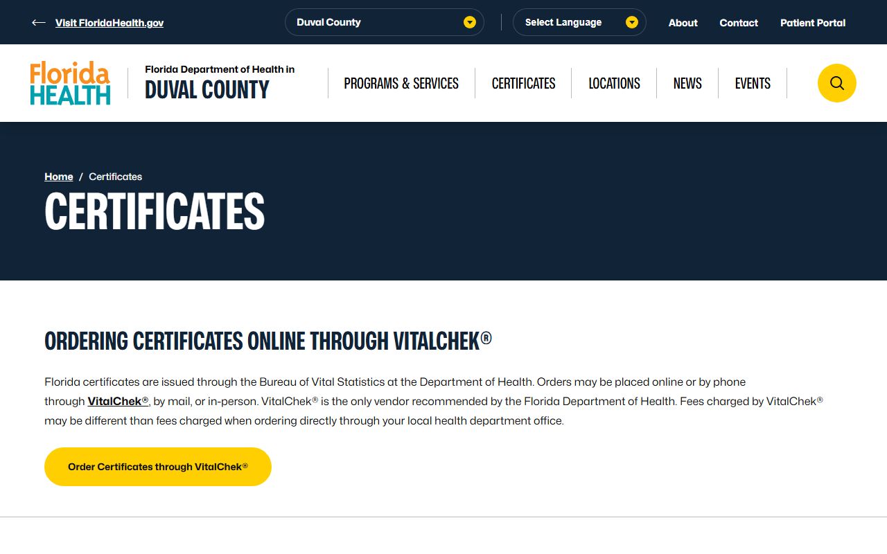 Duval County Health Department certificates portal for birth records