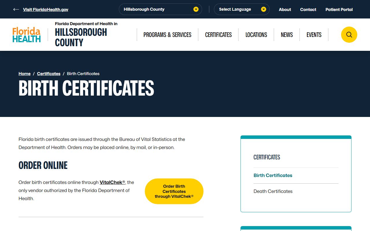 Hillsborough County Health Department birth certificates information page