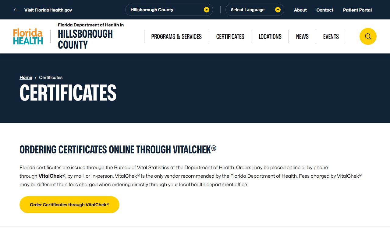 Hillsborough County Health Department certificates portal for birth records