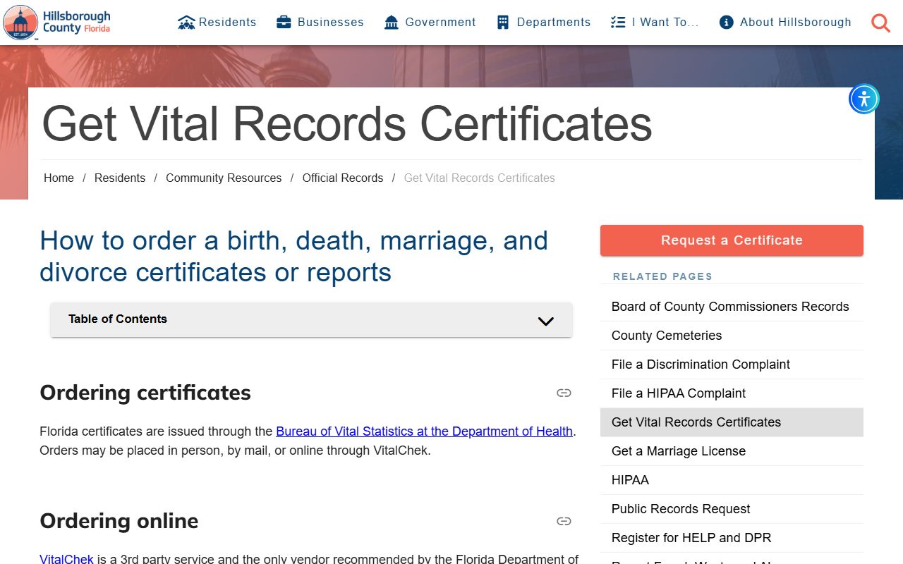 Hillsborough County government vital records resource page for birth certificates