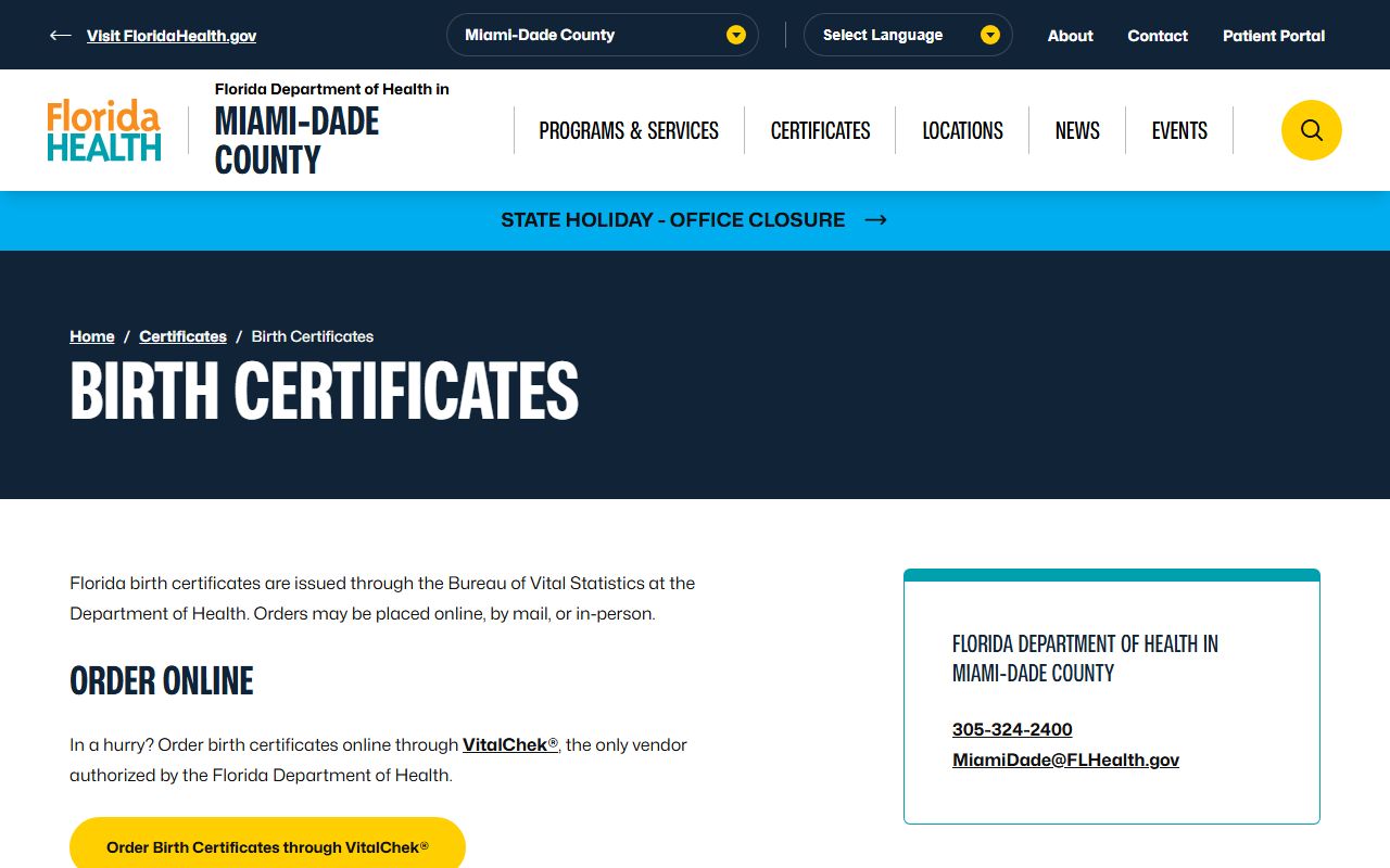 Miami-Dade County Health Department birth certificates information page
