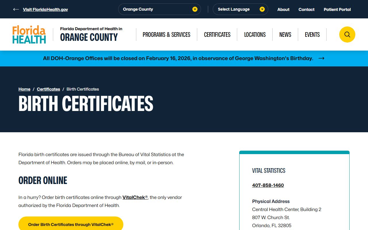 Orange County Health Department birth certificates information page