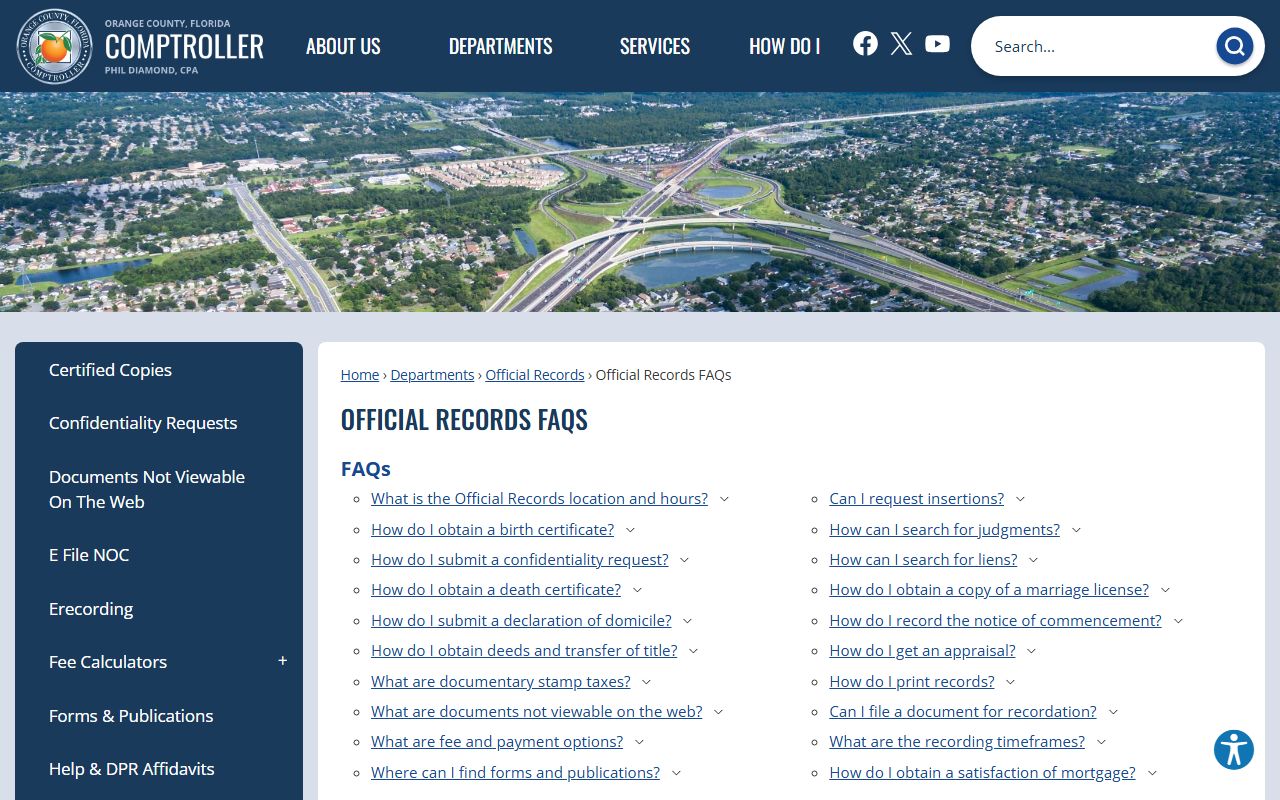 Orange County Comptroller FAQs page clarifying birth records are not in official records