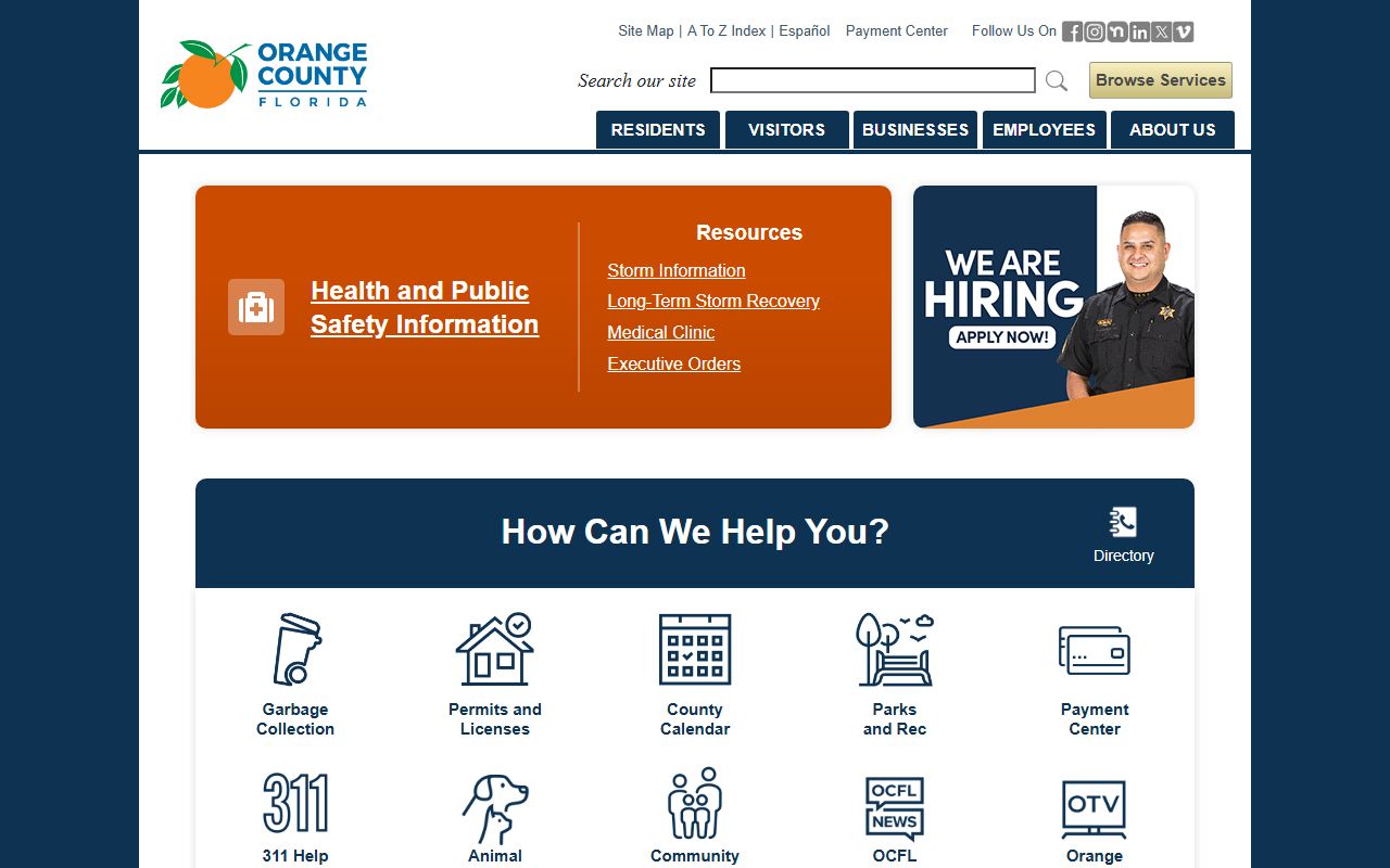 Orange County government website with links to birth records and services