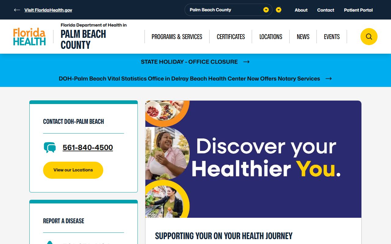Palm Beach County Health Department home page for birth records and services