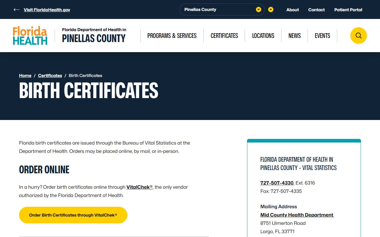 Pinellas County Health Department birth certificates page for Pinellas County birth records