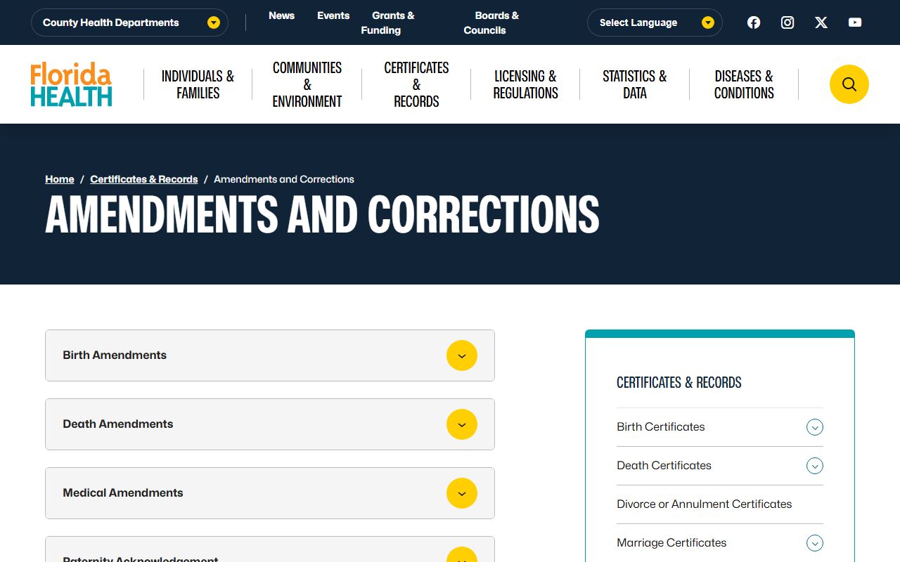 Florida Department of Health amendments and corrections information page