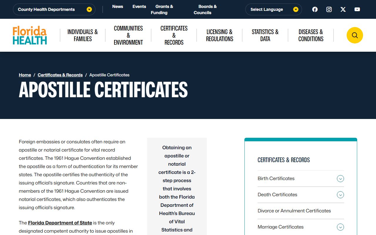Florida apostille and notarial certificates information page
