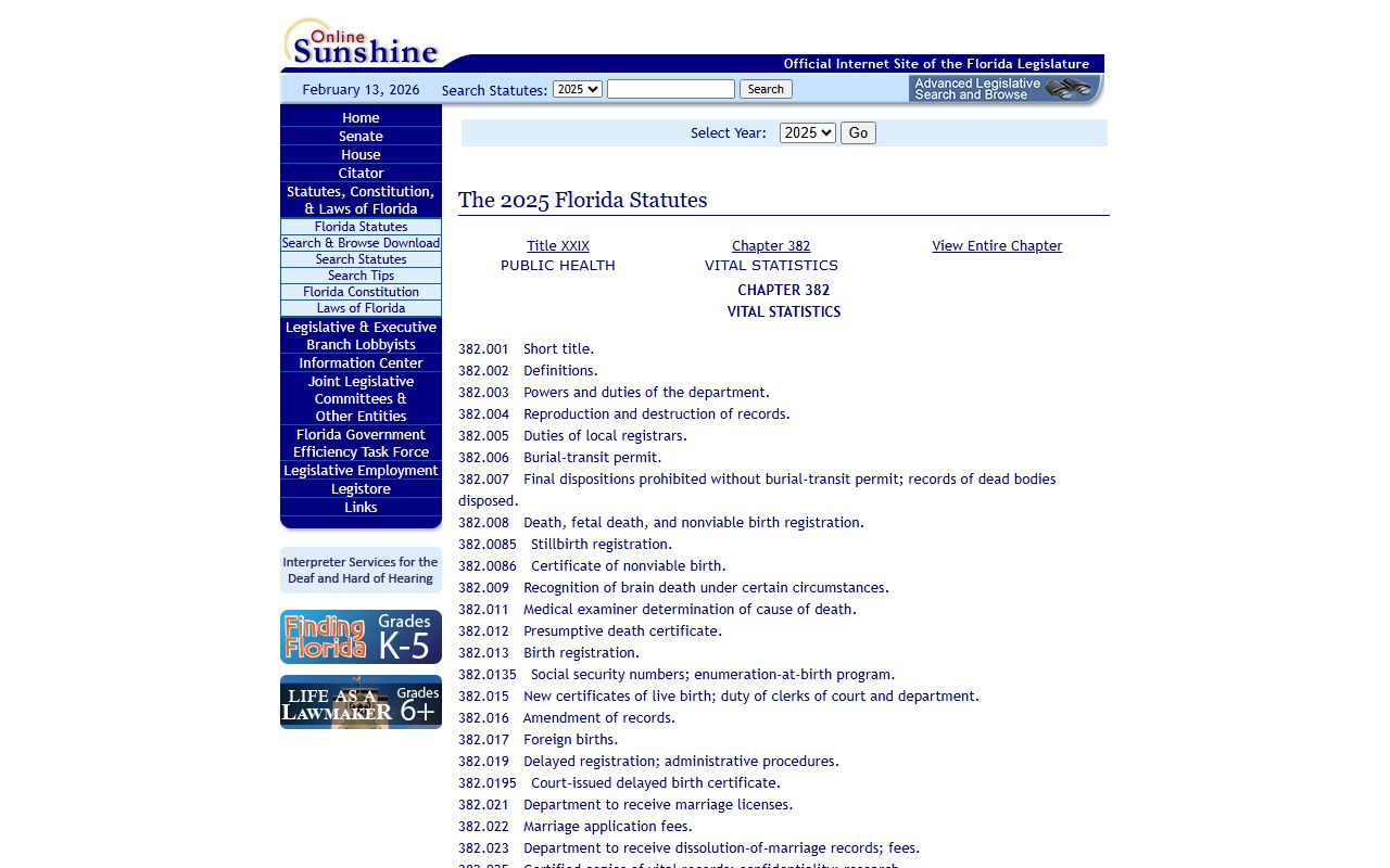 Florida vital statistics statutes page from the state legislature