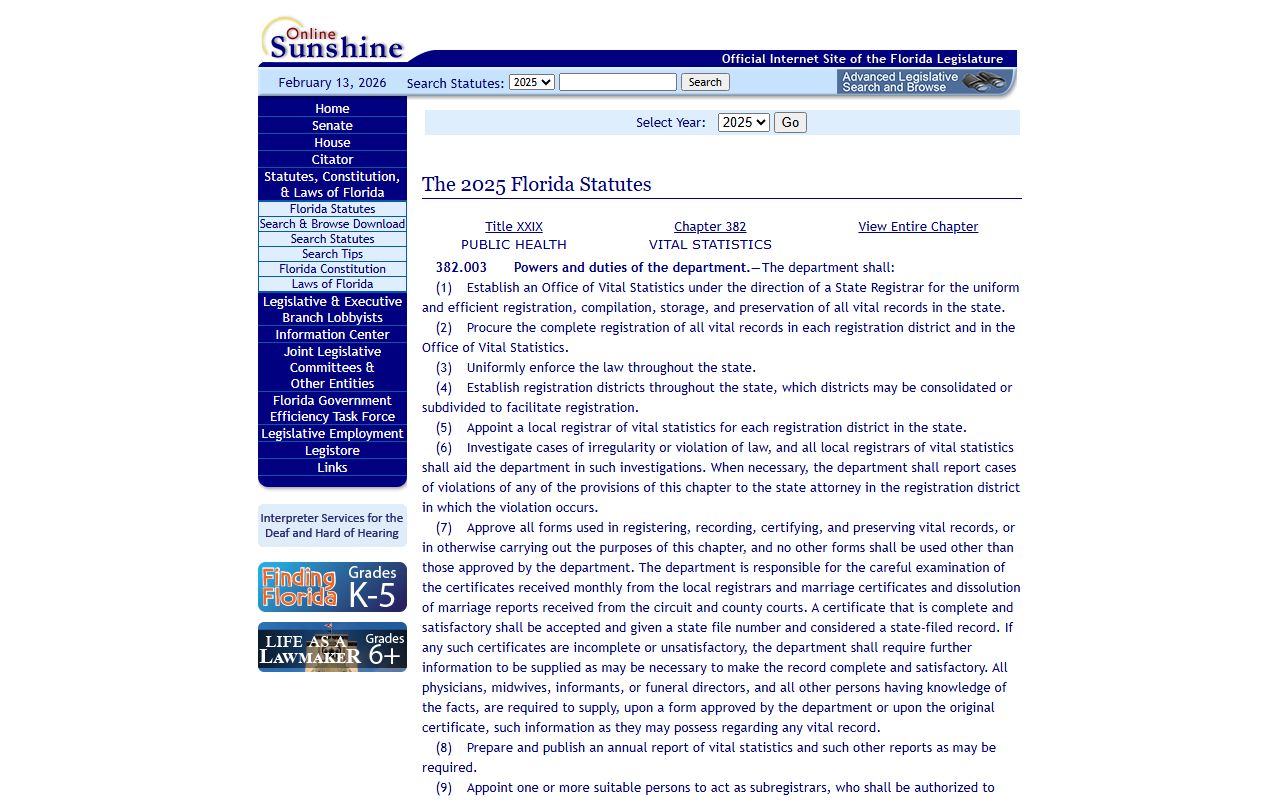 Florida Statute 382 individual sections covering birth records